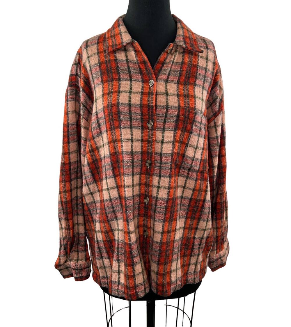 Vintage Time Less Red / Orange Plaid Wool Flannel Button-Up Shirt Long Sleeve L